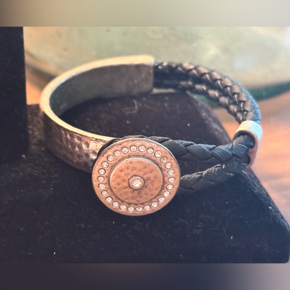 Premier Designs Black Leather  Braided Bracelet with Silver Medallion